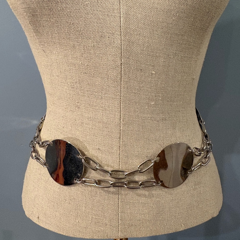 Silver Double Chain Belt w/ Five 2” Disks, 1960s Style. Sexy Disco Look. 33.5”